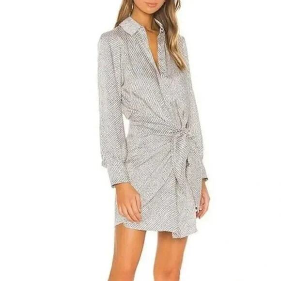 Cinq a Sept Tie Front Shirt Dress Size 4 Cream Black Birds Eye Print Long Sleeve - Picture 1 of 11